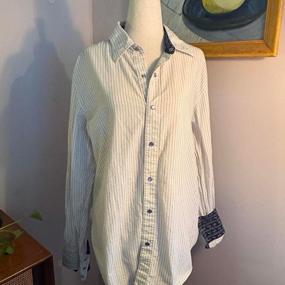 white and blue striped cotton button up shirt with paisley cuffs and pearl snaps